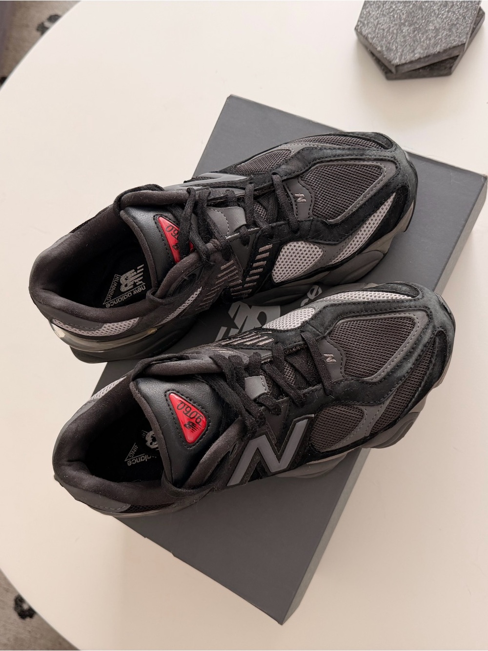 New Balance Black and Grey 9060 Athletic Sneakers with Red Accents